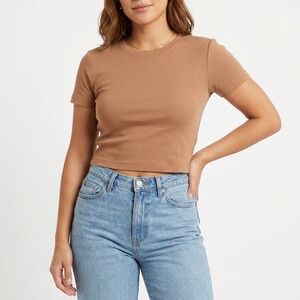 Choice Tan Short Sleeve Crew Neck Seamless Stretchy Cropped Tee One Size